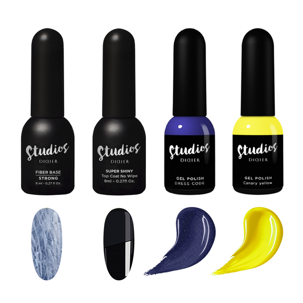 UV Maniküre Set mit Fiber Base Strong, Top Coat Super Shiny, Digital Wave, Canary Yellow, Didier Lab